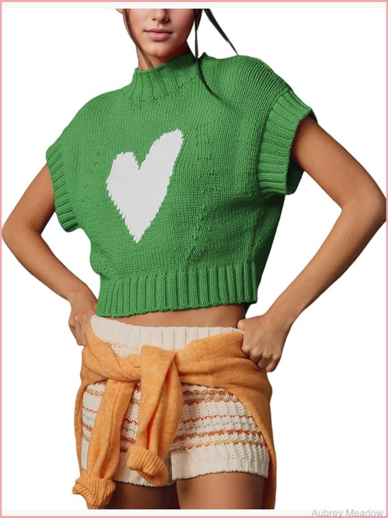 Mock Neck Cap Sleeve Knit Sweater Vest Crop Top Heart Pullover